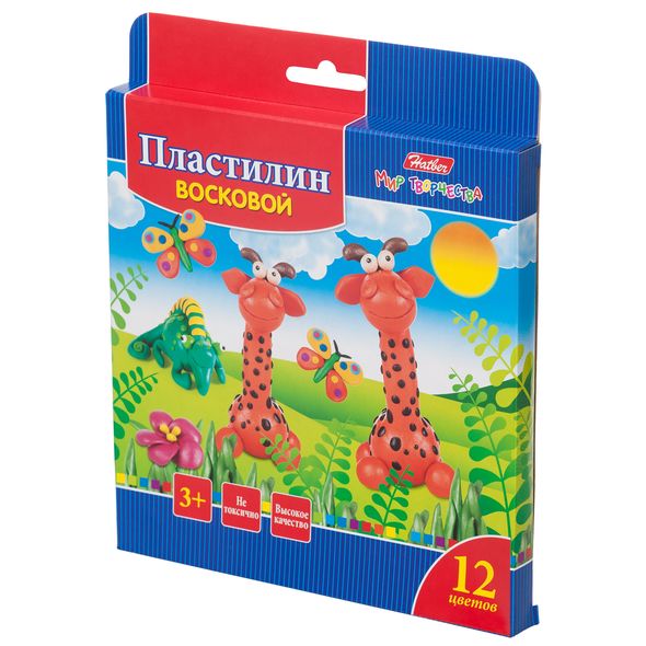 Пластилин Восковой 12 цв. 180г Hatber со стеком-Забавные зверята-   в карт.короб. с европодвесом , 